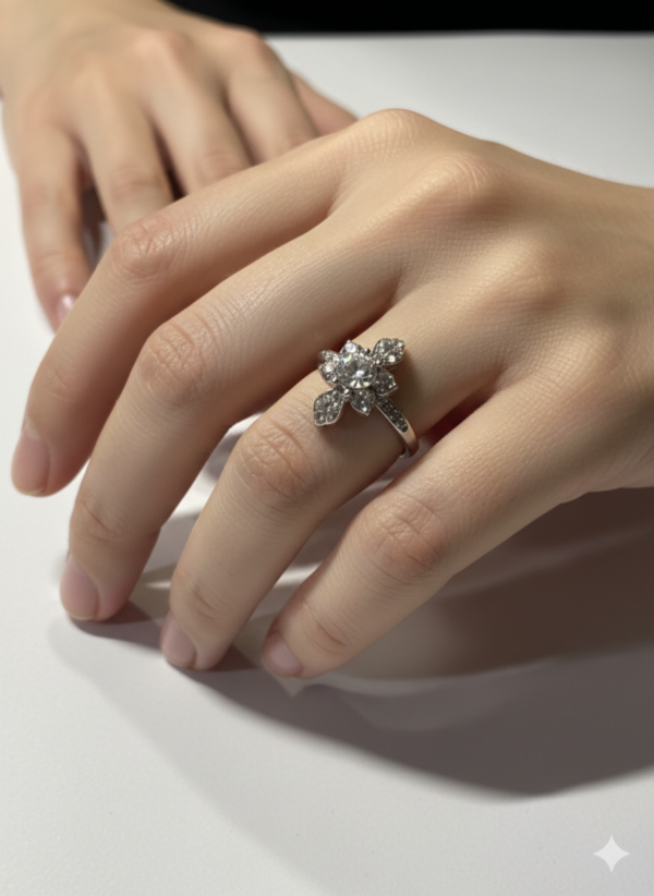 Floral Diamond Bloom Silver Ring